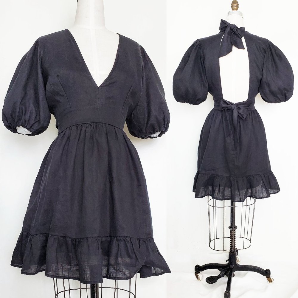 Faithfull The Brand Womens Black Linen Tie Back Dress Balloon Sleeves 6 - Picture 2 of 11